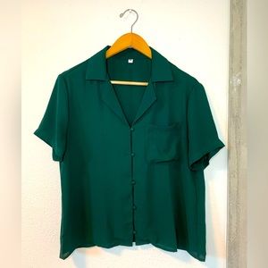 Shirt sleeve button up blouse, dark green top, button up